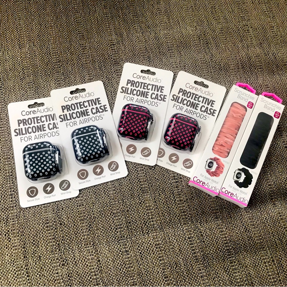 4 Protective Silicone Case For Air Pods + 2 Scrunchie Band For Apple Watch.